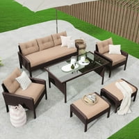 Set de canapea din ratan din răchită din 6 piese pentru terasă în aer liber Set de mese cu perne detașabile și masă de ceai din