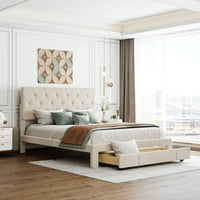 Gewnee pat cu platformă Queen Size cu tăblie tapițată din catifea și sertar de depozitare, Bej