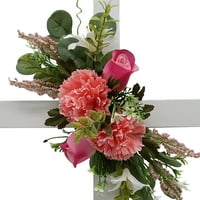 Piloni 20 floare artificială, Cruce de lemn cimitir de culoare albă, garoafă în culoare Roz