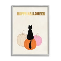 Halloween Fericit Pisică Neagră Dovleci Vacanță Artă Grafică Gri Încadrată Artă Imprimare Artă De Perete