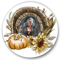 Designart 'Thanksgiving Vintage Turcia dovleac și floarea-soarelui' Farmhouse Circle Metal Wall Art-Disc de 11