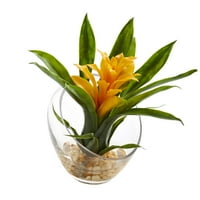 Aproape Natural 8in. Flori artificiale de Bromelie tropicală în vază unghiulară artificială, galbenă