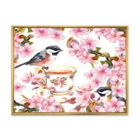 Designart 'păsări ceașcă de ceai și flori roz' tradiționale înrămate panza arta de perete imprimare