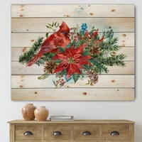 Designart 'Crăciun roșu Cardinal Bird și Poinsettia' imprimare tradițională pe lemn de pin Natural