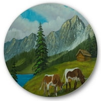 Designart 'vaci pe o pajiște verde cu peisaj montan cu' Farmhouse Circle Metal Wall Art-Disc de 11