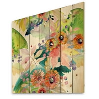 Designart 'Vital Wild Spring Leaves and Wildflowers III' Imprimeu Modern pe lemn Natural de pin