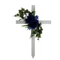 Mainstays Memorial Cruce din lemn alb cu trandafiri albastru Artificial