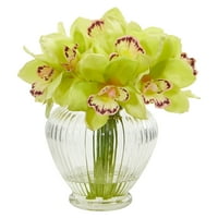 Aproape natural Cymbidium Orhidee flori artificiale în vază de sticlă, verde