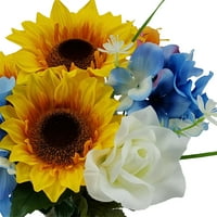 Piloni 17.5 cimitir Artificial Floral în vază, floarea-soarelui din poliester, culoare Galben și albastru