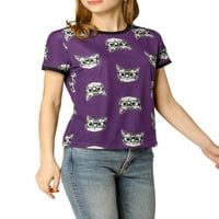 Chilipiruri unice femei maneca scurta Contrast Cartoon Cat Tee rotund gat t-shirt
