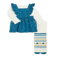Wonder Nation Baby Girl Pinafore Dress, Set De Ținute Cu Mânecă Lungă Și Colanți, Dimensiuni 0 3 Luni